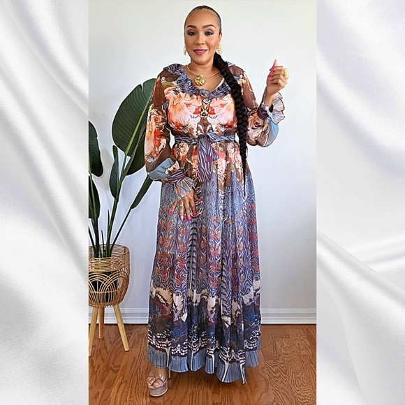 Beulah Dresses & Skirts - Long Sleeve V-neck Ruffle Multi Brown Print Maxi Dress